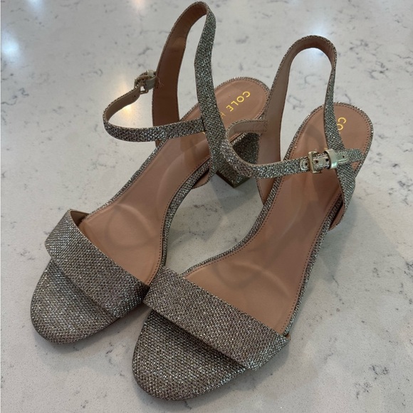 Cole Haan Womens Josie Gold Glitter Block Heel Dress Sandals Shoes Sz 9.5B NEW - Picture 2 of 10